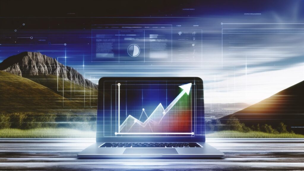 Digital landscape depicting SEO success with a computer screen showing an upward trend graph, blending technology with nature to symbolize growth in search engine rankings.