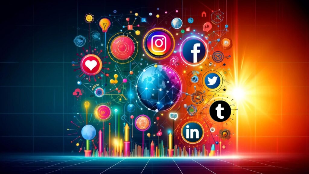 Dynamic social media marketing concept with interconnected platform icons such as Facebook, Instagram, Twitter, LinkedIn, and TikTok, illustrated with digital connections and innovation symbols like a globe and light bulb, designed for a blog post on social media strategies.