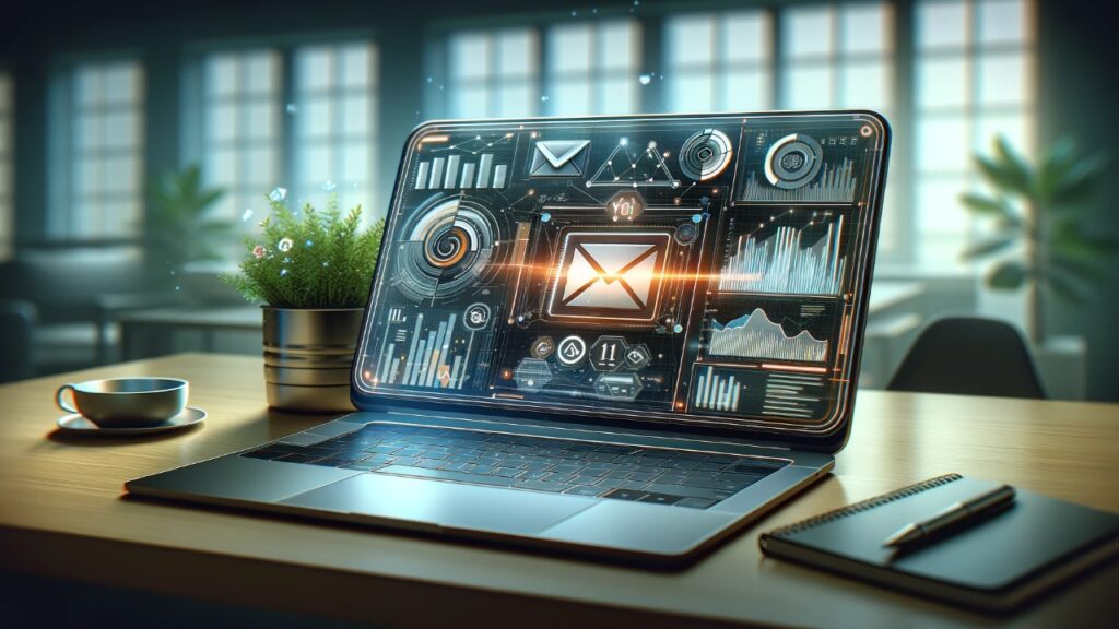 Modern laptop displaying an engaging email inbox, set against a backdrop of digital analytics graphs, symbolizing advanced email marketing strategies and data-driven decision making.