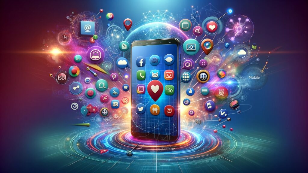 Digital illustration of a smartphone showcasing mobile marketing features including social media icons, app notifications, set against a backdrop of abstract digital networks, symbolizing innovation in mobile marketing for 2024.
