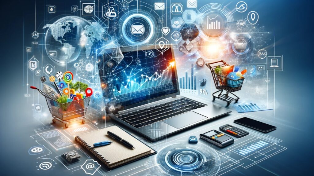 Digital collage featuring elements of e-commerce marketing including a laptop with graphs, social media icons, a shopping cart, and email symbols, symbolizing interconnected marketing strategies in a sleek, professional setting.