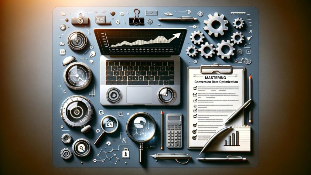 Featured image for 'Mastering Conversion Rate Optimization' blog post, depicting a laptop with growth graphs, a checklist for strategy steps, and optimization tools, highlighting the key elements of CRO.