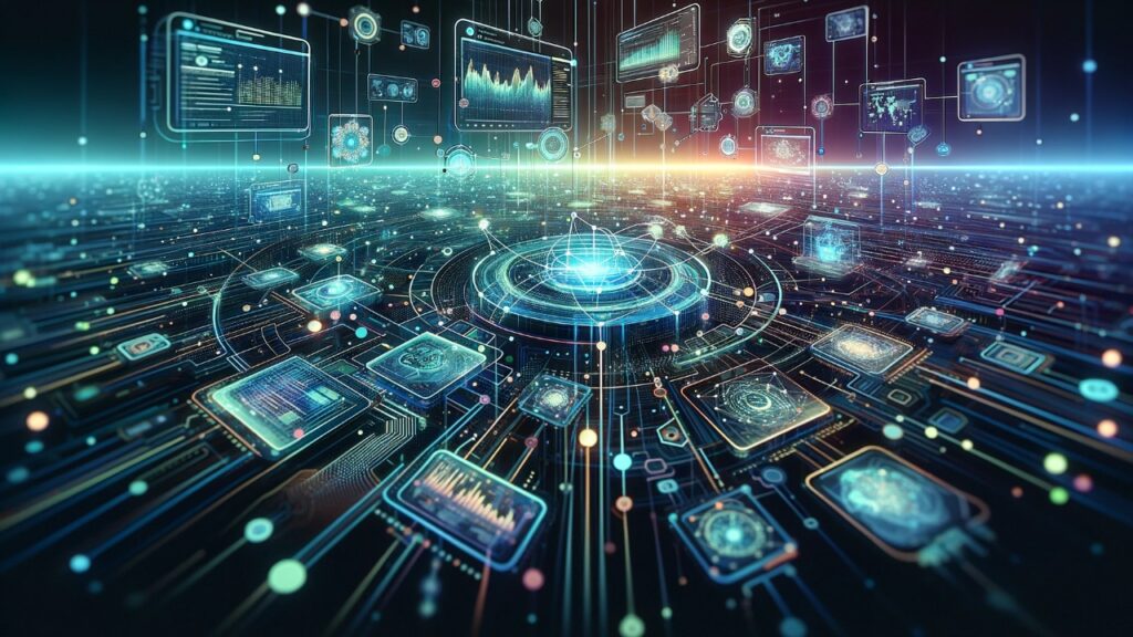 Futuristic digital landscape representing programmatic advertising with interconnected nodes and digital screens displaying data analytics.