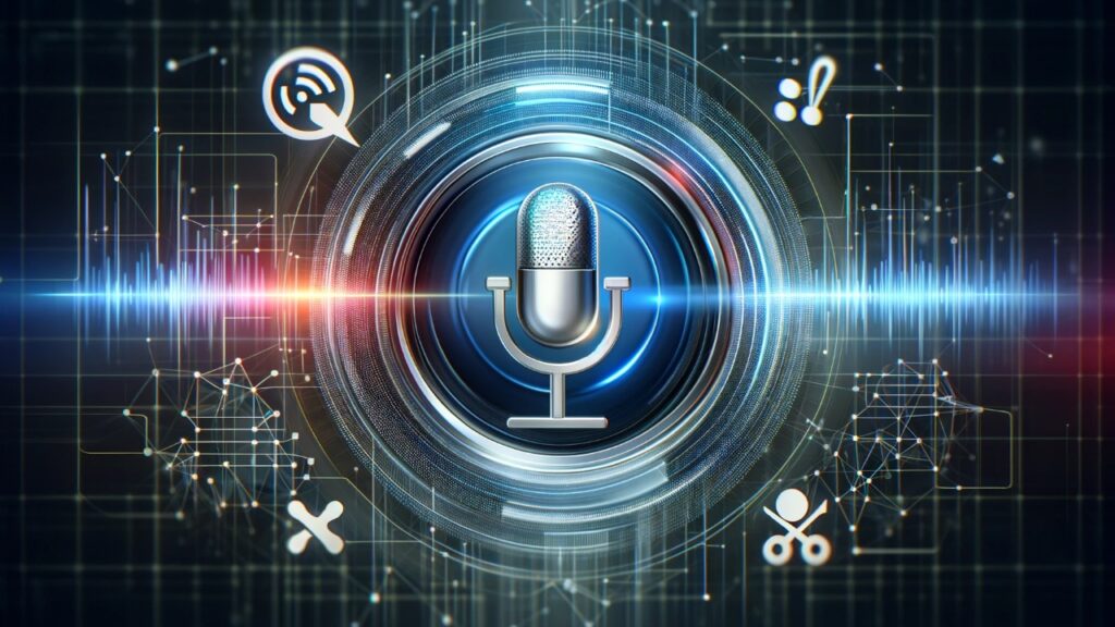 Futuristic digital assistant interface showcasing advanced voice search technology, with visual elements like sound waves, a microphone icon, and SEO tools such as a magnifying glass, set against a digital network pattern background, emphasizing the integration of voice search into the digital ecosystem.