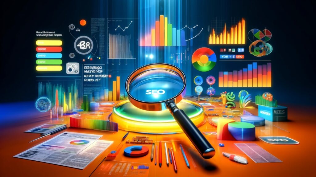 A vibrant digital collage depicting a magnifying glass over keywords and analytics graphs, with elements of SEO tools like SEMrush, Ahrefs, and Google Keyword Planner, illustrating the dynamic world of SEO keyword research.