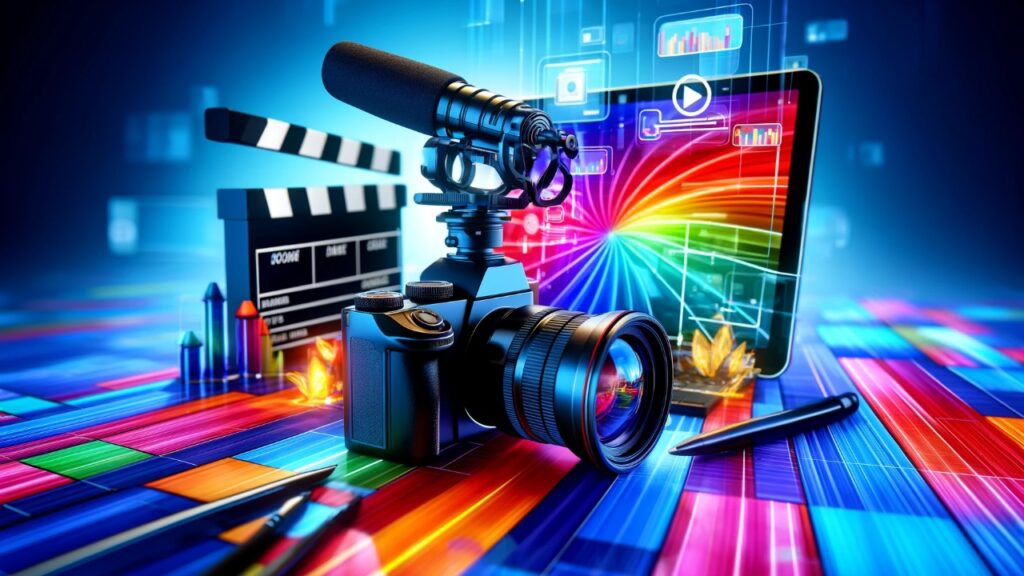 Dynamic featured image showcasing a digital camera, clapperboard, and video editing software on a computer screen, set in a modern, high-tech environment to represent innovation and creativity in video marketing.