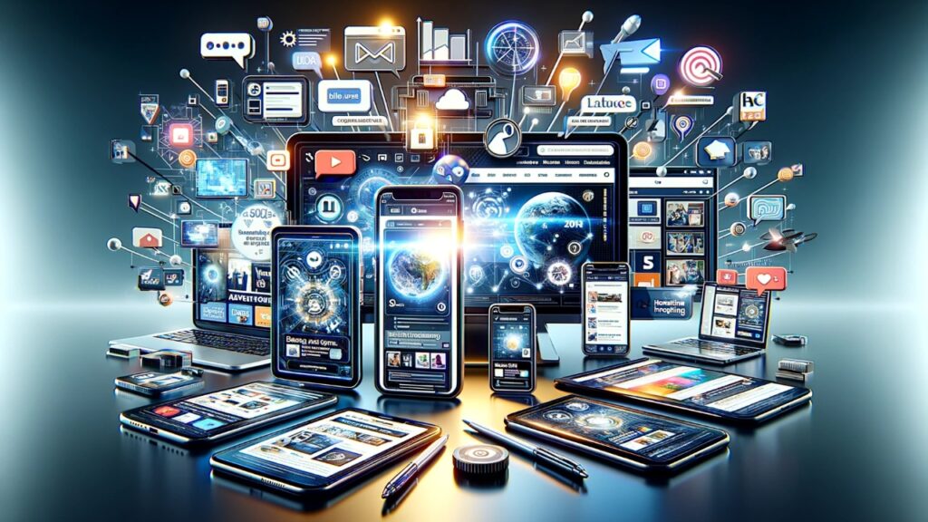 Digital marketing landscape in 2024 featuring various devices displaying online advertisements including social media, search engines, and influencer content in a sleek and professional design.