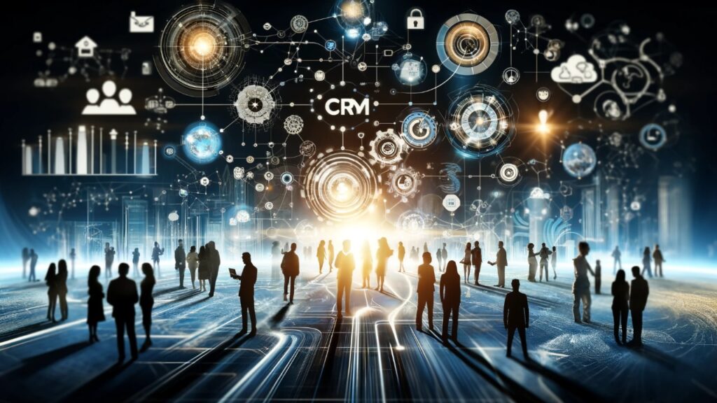 Innovative CRM technology connecting businesses and customers, depicted through digital interfaces and network diagrams with human silhouettes interacting in a modern business setting.