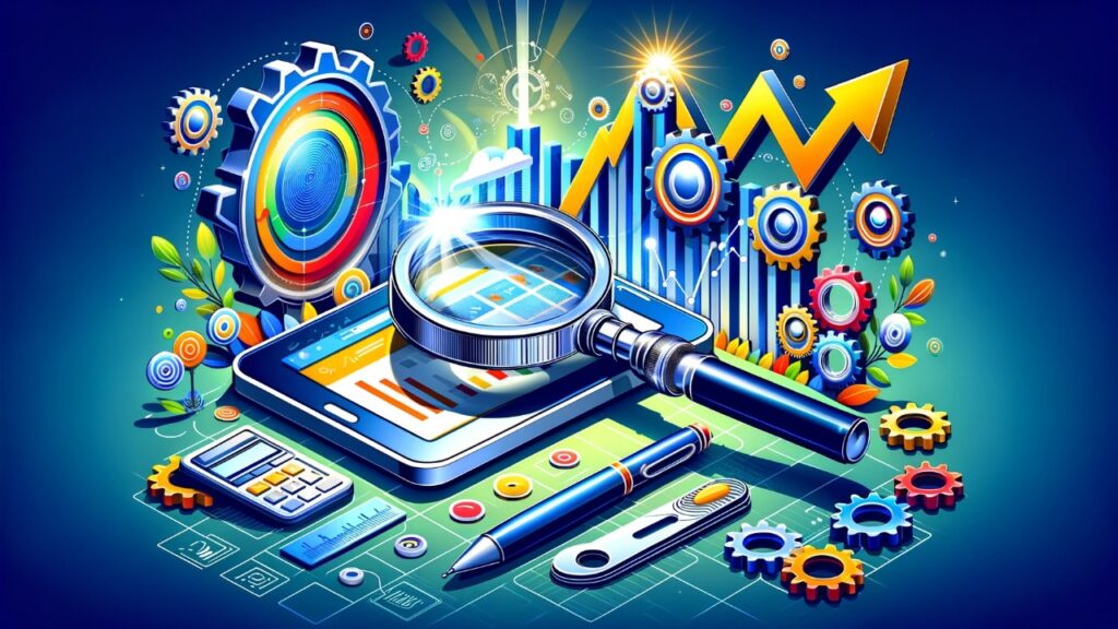 Colorful illustration of a magnifying glass over a digital website interface with gears and a rising graph, symbolizing technical SEO optimization for digital marketing.
