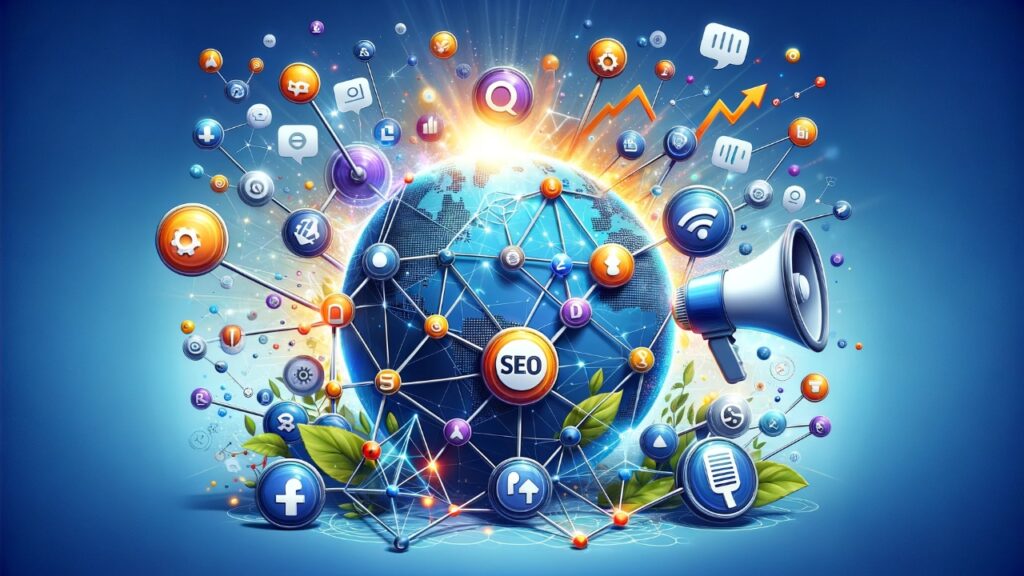Dynamic illustration of Off-Page SEO elements including interconnected nodes, social media icons, a loudspeaker, and a digital globe, symbolizing global digital marketing strategies.