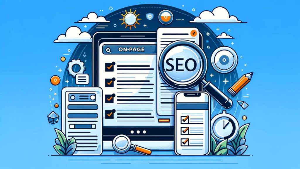Vibrant and informative graphic depicting on-page SEO optimization techniques, featuring a large magnifying glass highlighting the term 'SEO' on a digital display, surrounded by icons of checklists, mobile devices, and various SEO elements against a blue background. This image effectively illustrates key aspects of enhancing a website's search engine optimization.