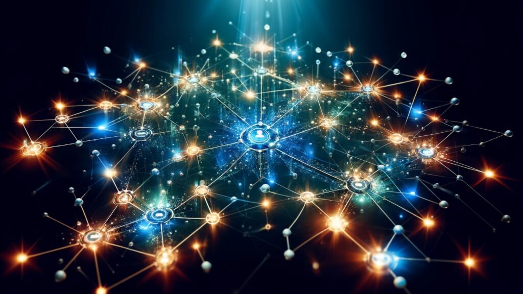 A complex network of interconnected nodes with glowing links on a dark background, symbolizing the expansive and integrated nature of SEO link building strategies.