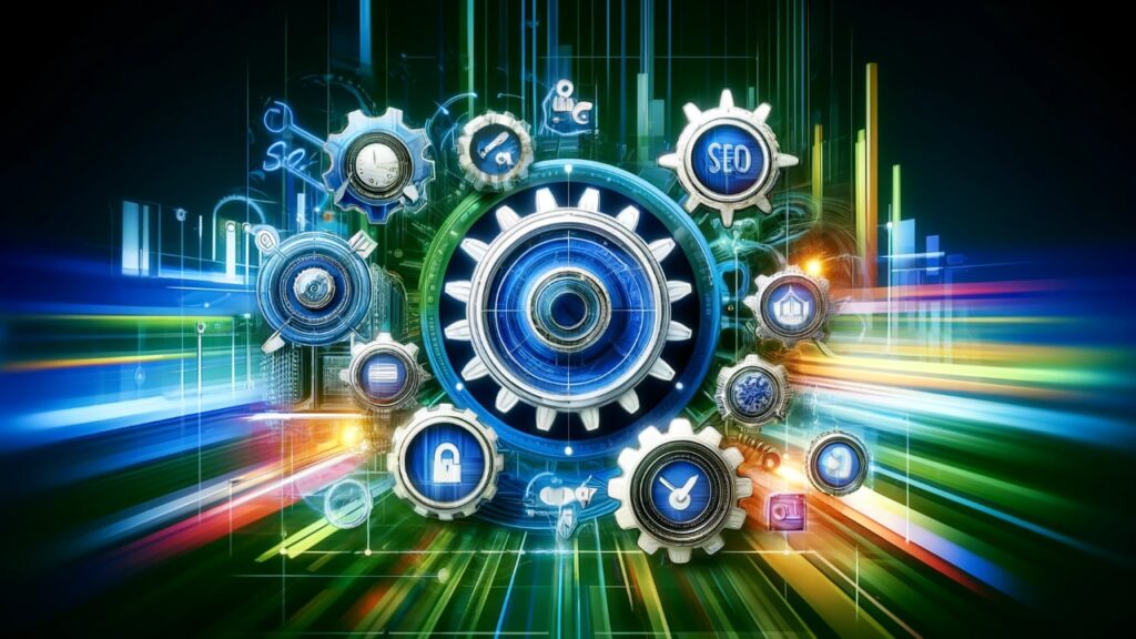 Digital artwork showcasing an array of SEO tools and strategies for 2024, with gears and digital screens representing keyword research, link building, and analytics in a futuristic blue and green palette.