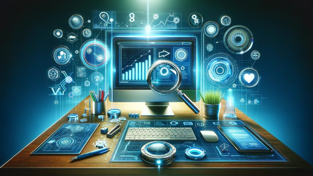 Modern digital workspace with elements symbolizing UX and SEO, including a computer screen displaying graphs and a magnifying glass, surrounded by icons of digital marketing tools in a sleek, tech-oriented environment.