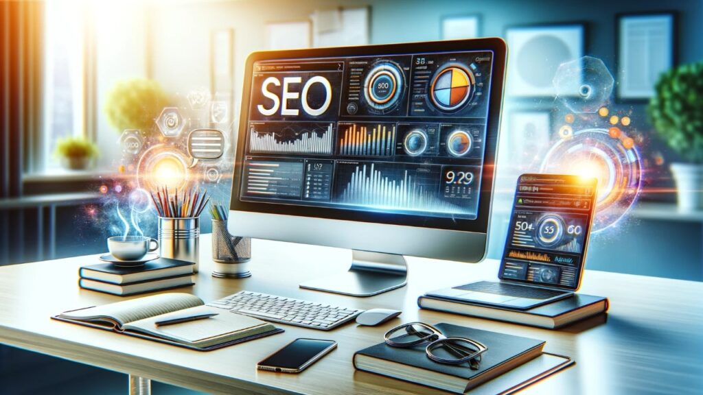 Modern digital workspace with a computer displaying SEO analytics and keyword research, surrounded by SEO books and digital devices in a bright office setting.