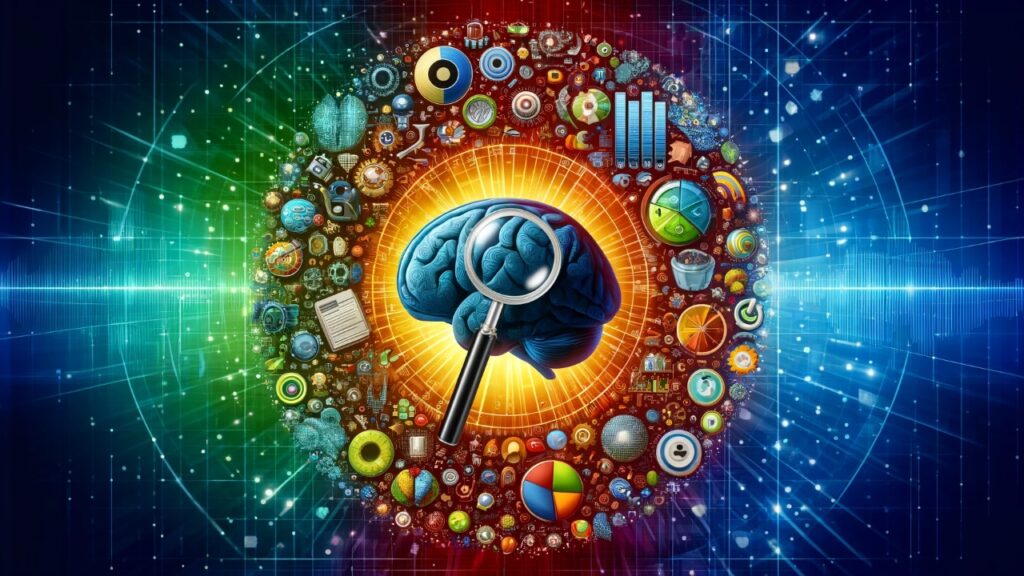Illustration of a human brain surrounded by SEO-related icons like magnifying glasses and graphs, set against a digital grid background, symbolizing the integration of psychology and SEO strategies.