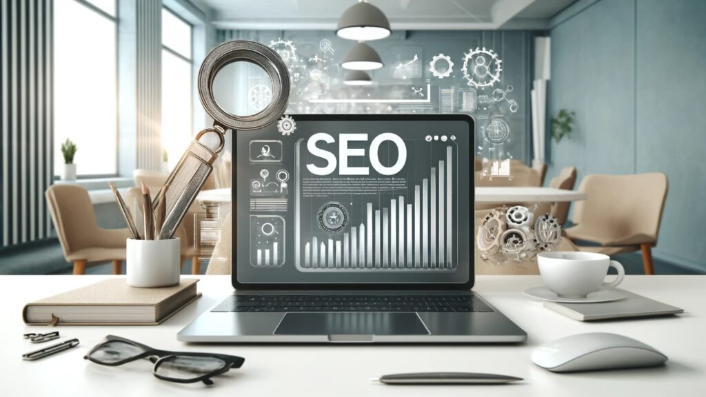 Digital workspace with an open laptop showing SEO analytics and various digital marketing tools, symbolizing advanced SEO strategies and keyword research.
