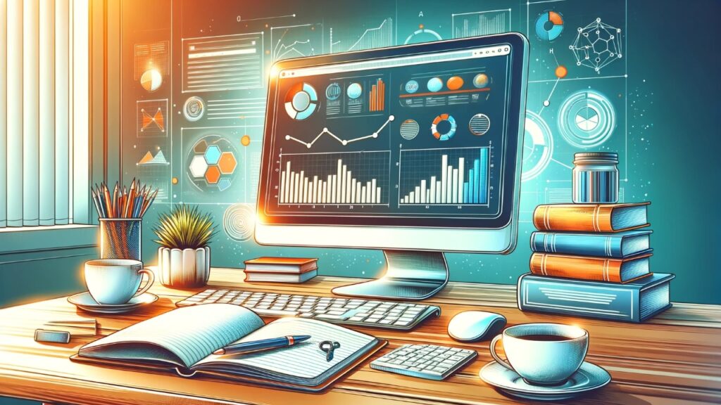 Modern SEO workspace with a computer displaying SEO analytics, surrounded by SEO resources and a cup of coffee, illustrating the theme of SEO optimization and strategy.