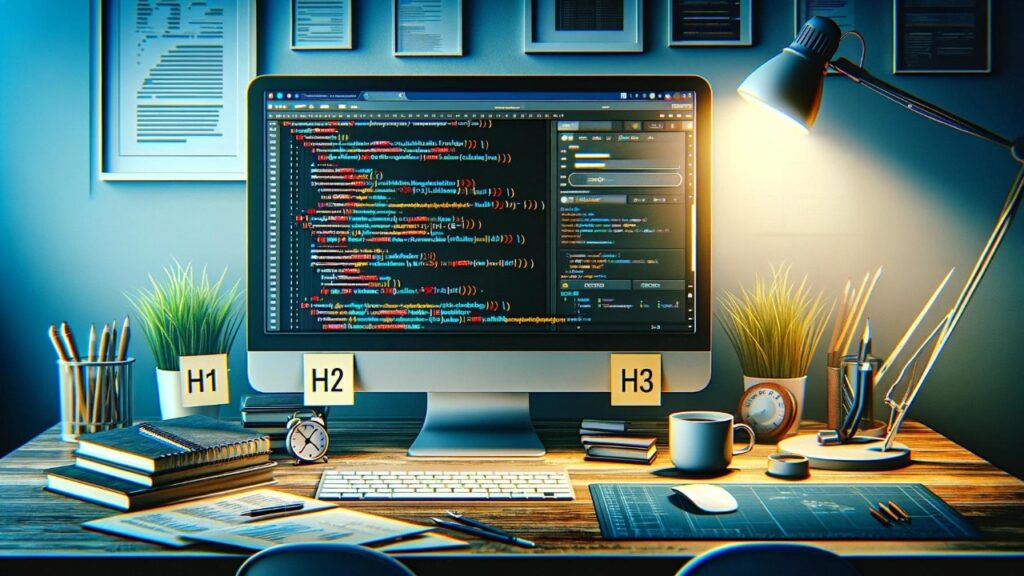 Digital workspace with a computer screen showing HTML code for H1, H2, H3 tags, surrounded by SEO tools and notes, ideal for a blog post on header optimization for SEO.
